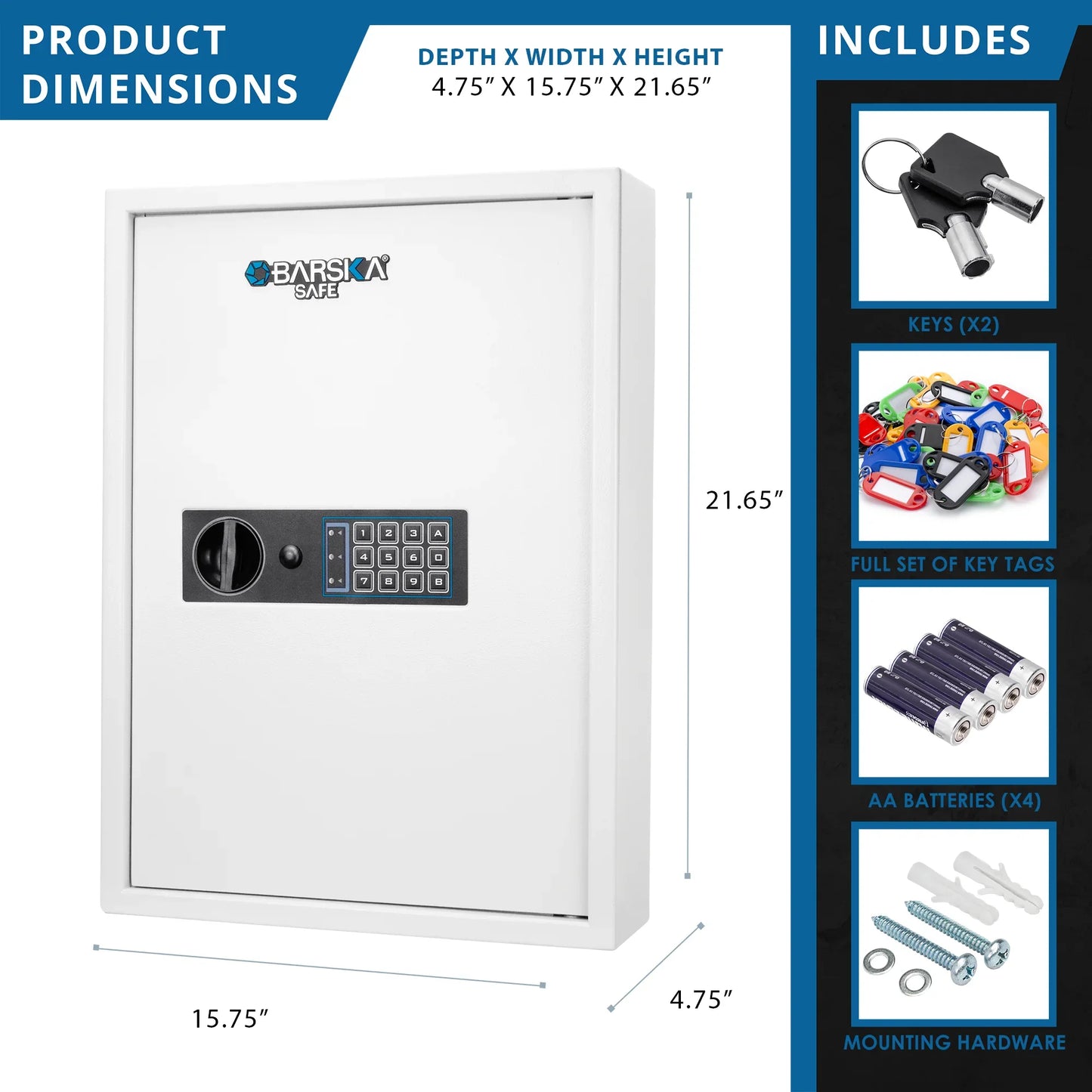 Barska AX13262 100 Capacity Fixed Position Key Cabinet Digital Keypad Wall Safe, White