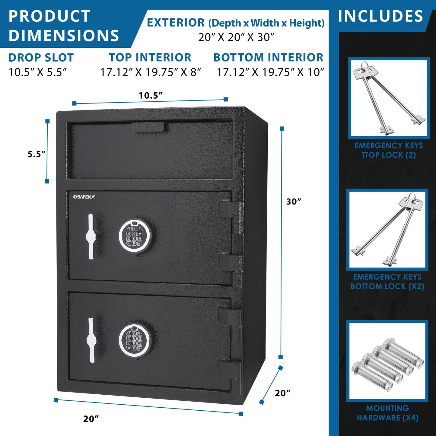 Barska AX13312 1.6/2 Cu. ft Dual Compartment Keypad Depository Safe