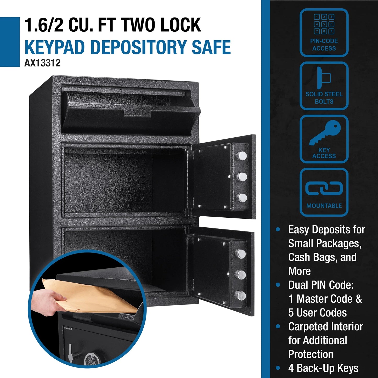 Barska AX13312 1.6/2 Cu. ft Dual Compartment Keypad Depository Safe