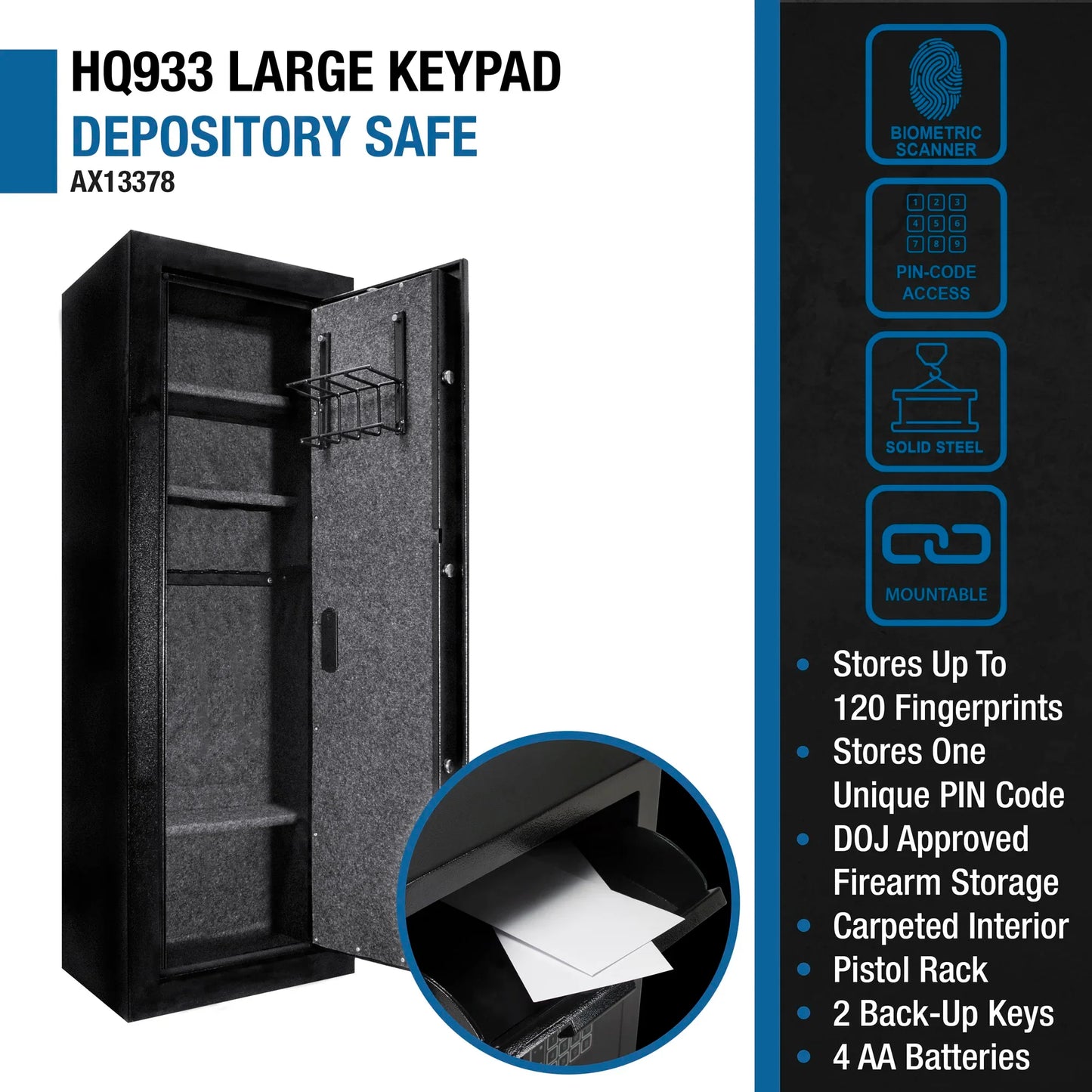 Barska AX13378 HQ1000 16 Rifle Biometric Digital Keypad Rifle Safe