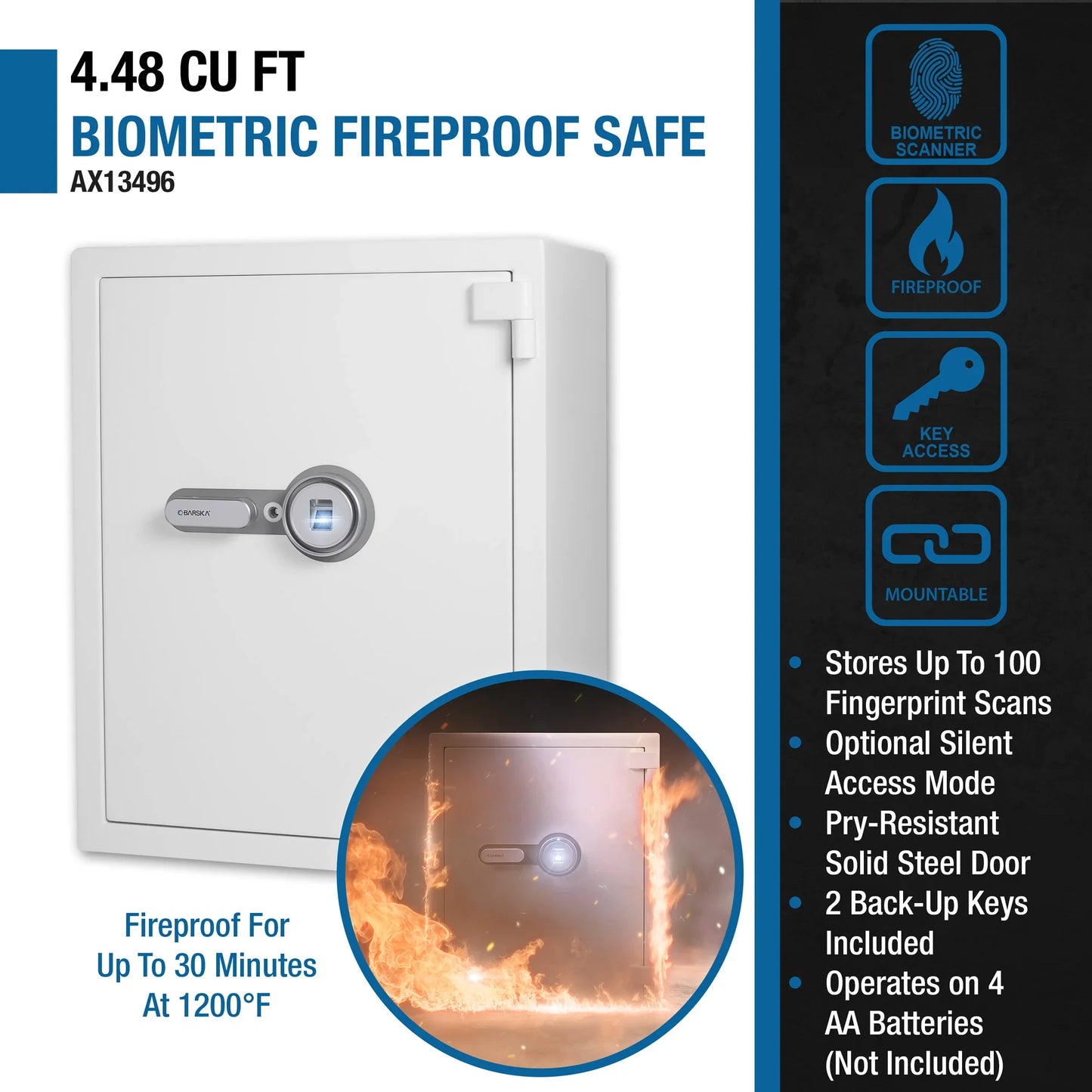 Barska AX13496 4.48 Cu. ft Biometric Fireproof Security Safe, White