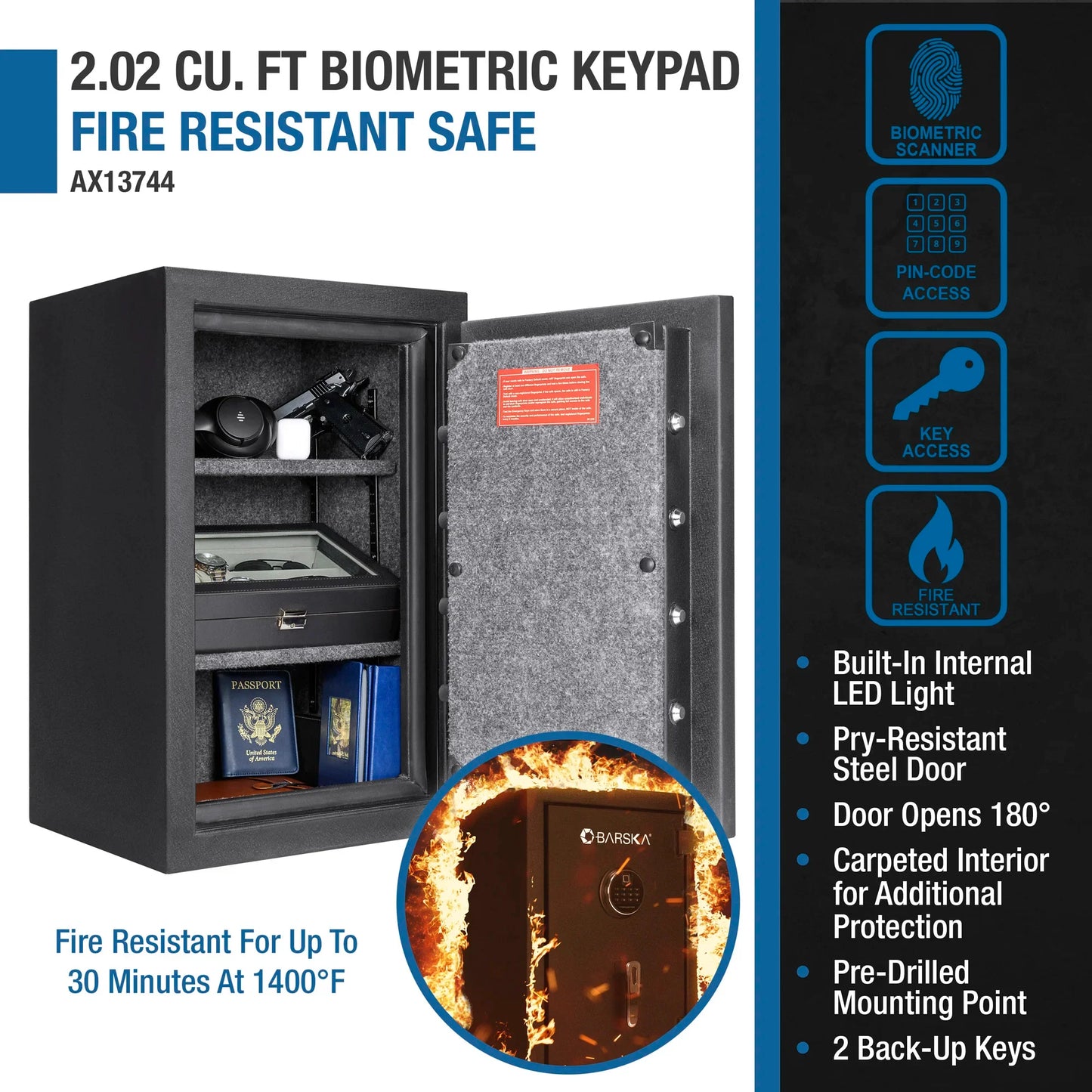 Barska AX13744 2.02 Cu. ft Biometric Keypad Fire Resistant Safe