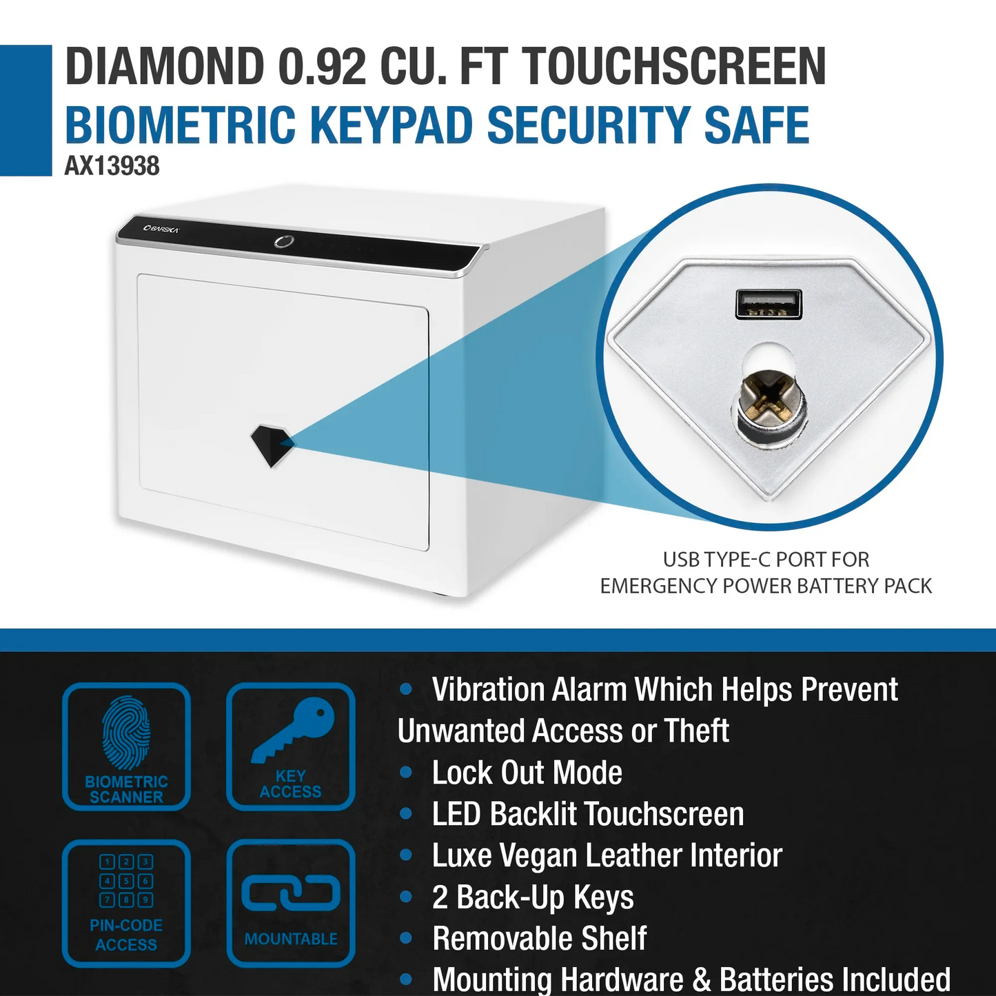 Barska AX13938 Diamond 0.92 Cu. ft Touchscreen Biometric Keypad Security Safe