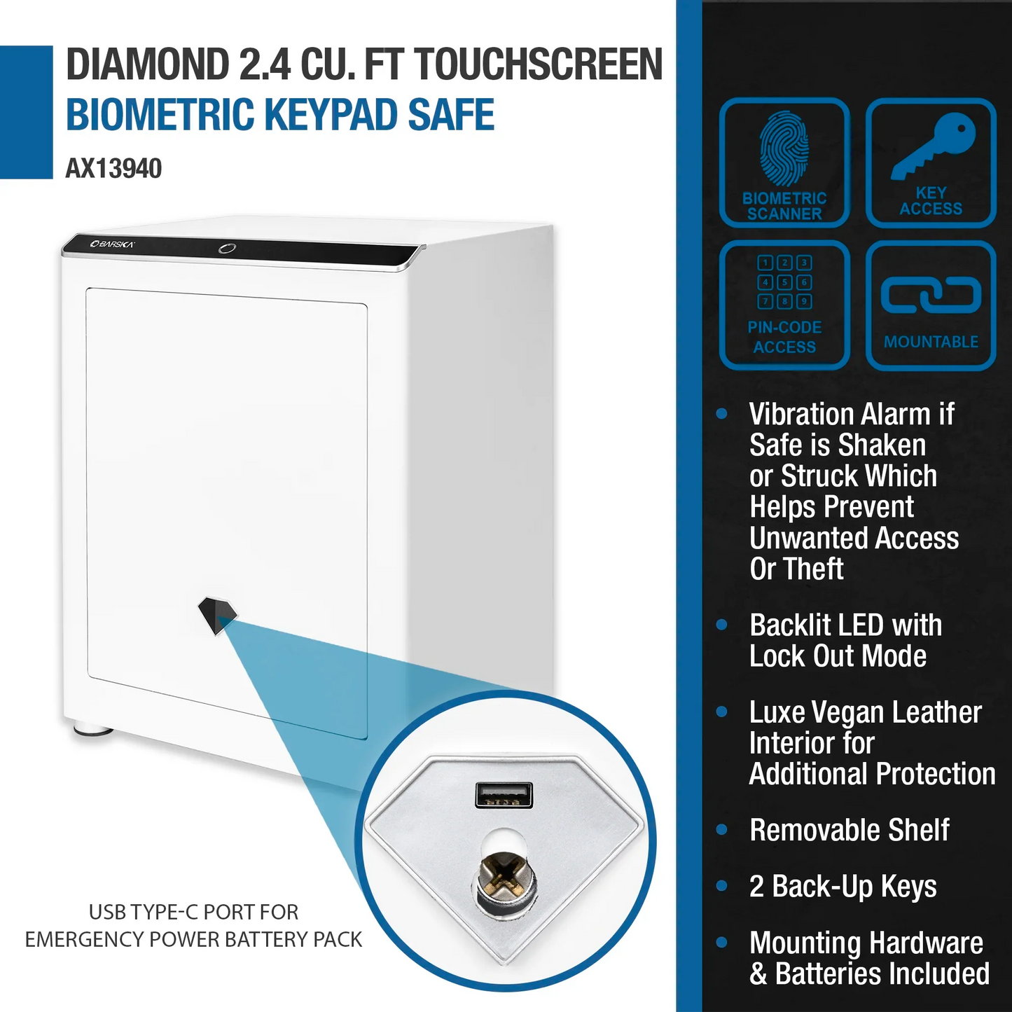 Barska AX13940 Diamond 2.4 Cu. ft Touchscreen Biometric Keypad Security Safe