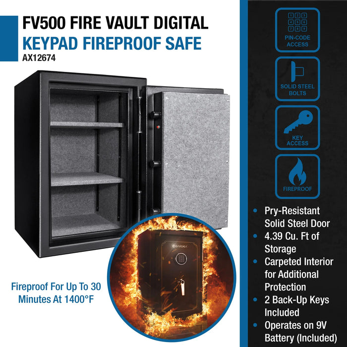 Barska AX12674 FV500 FireVault Fireproof Keypad Security Safe