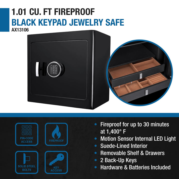 1.01 Cu. ft Keypad Fireproof Jewelry Safe, Black
