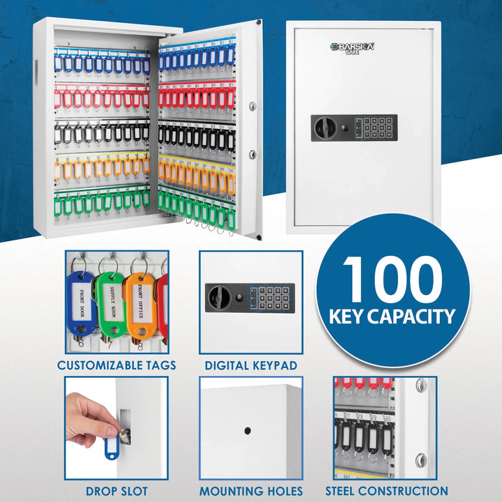 100 Capacity Fixed Position Key Cabinet Digital Keypad Wall Safe, White