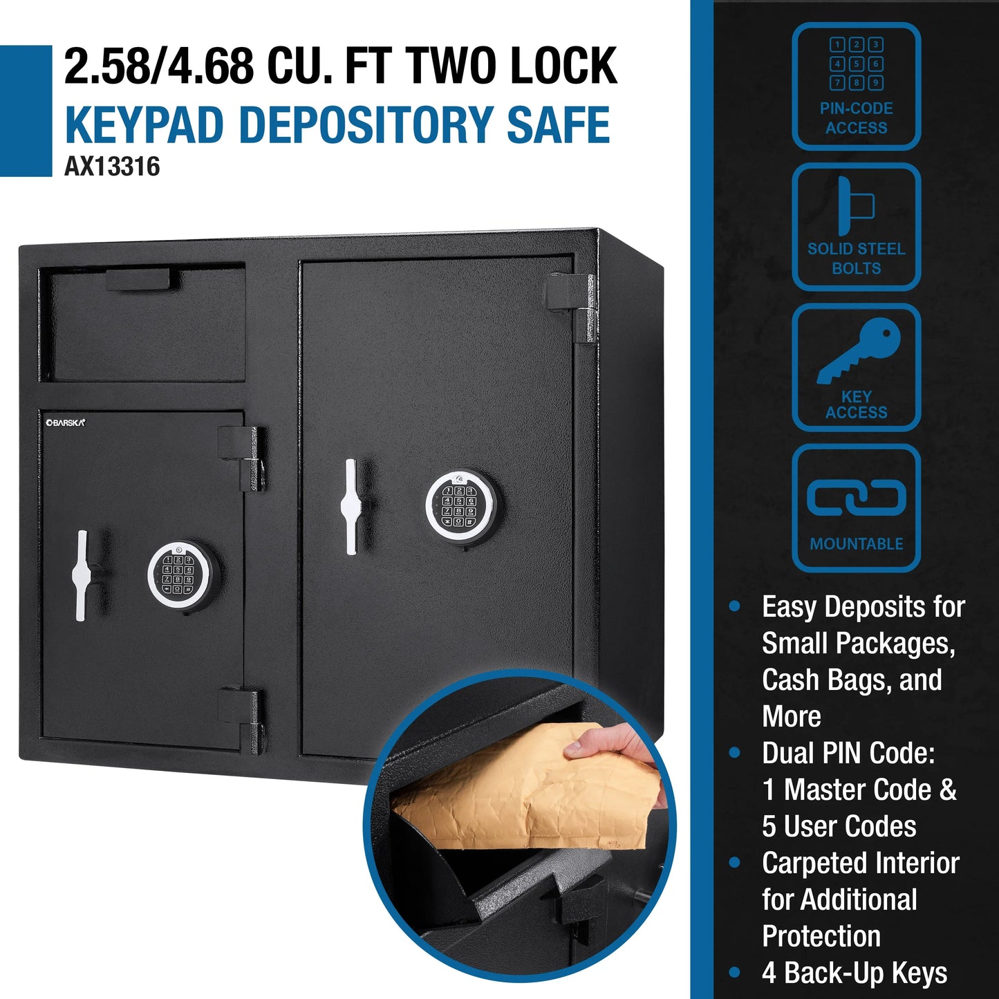 Barska AX13316 2.58/4.68 Cu. ft Dual Compartment Keypad Depository Safe