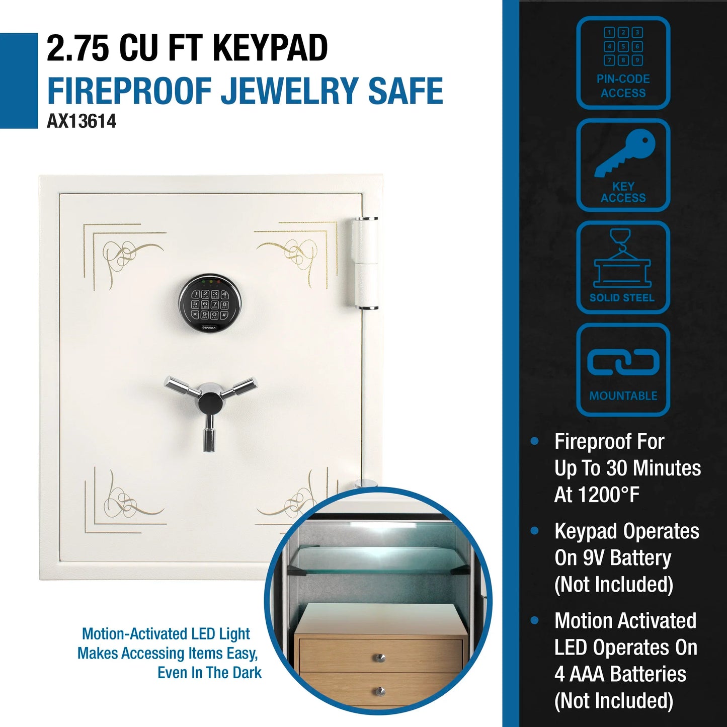 Barska AX13614 2.75 Cu. ft Keypad Fireproof Jewelry Safe