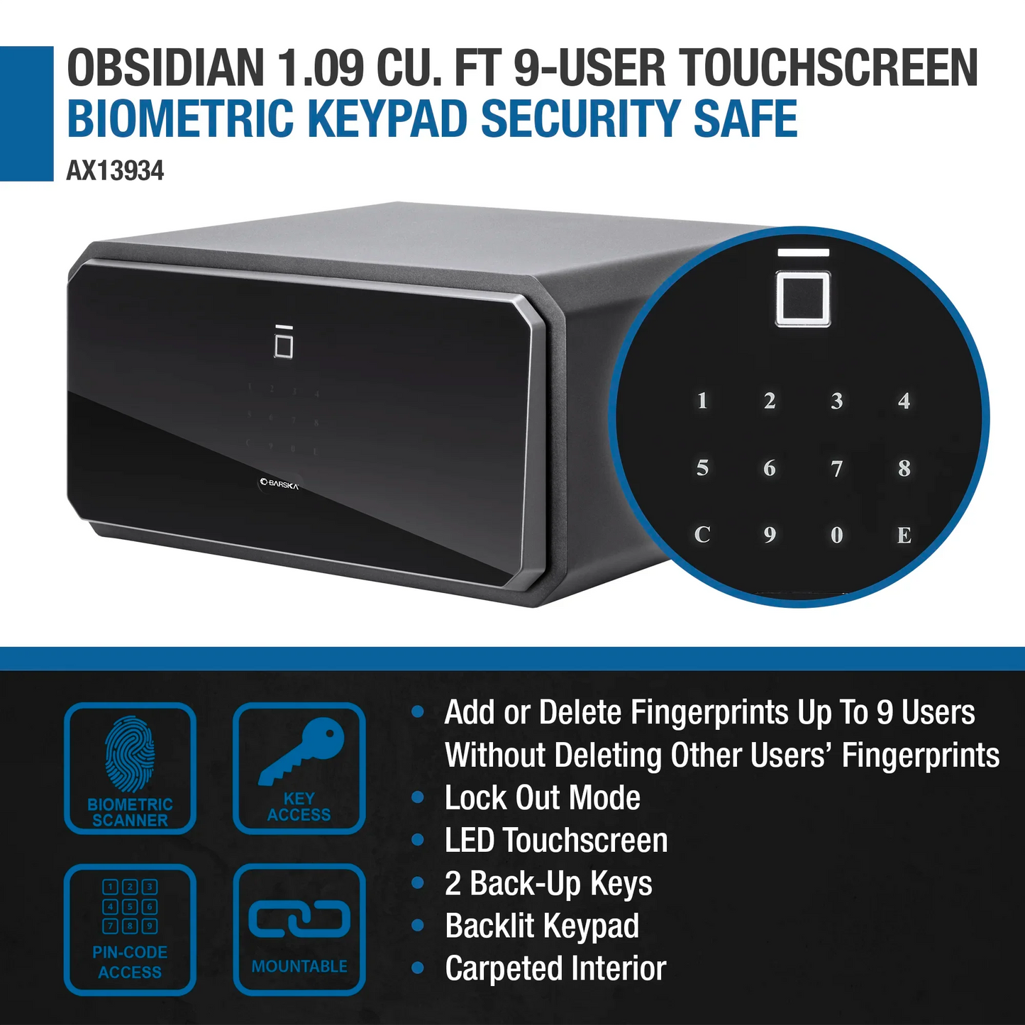 Barska AX13934 Obsidian 1.09 Cu. ft 9-User Touchscreen Biometric Keypad Security Safe