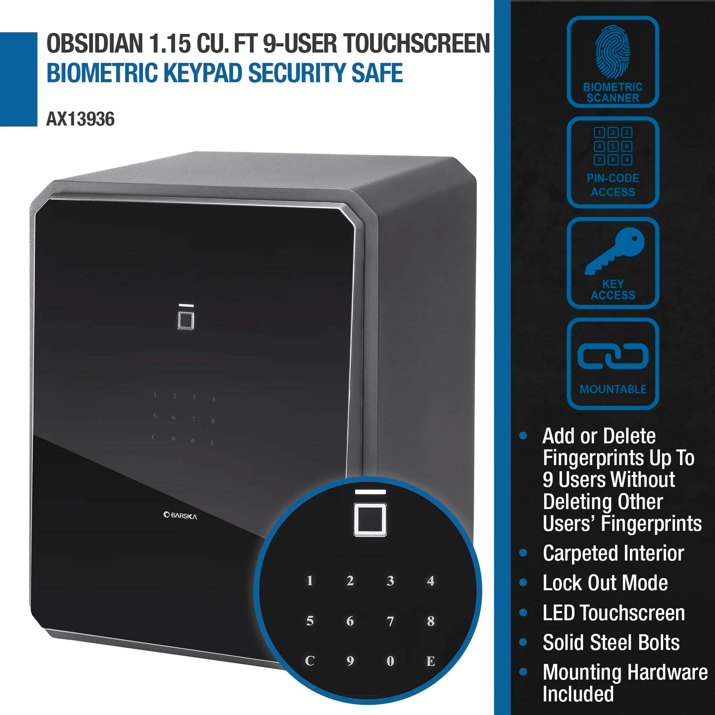 Barska AX13936 Obsidian 1.15 Cu. ft 9-User Touchscreen Biometric Keypad Security Safe